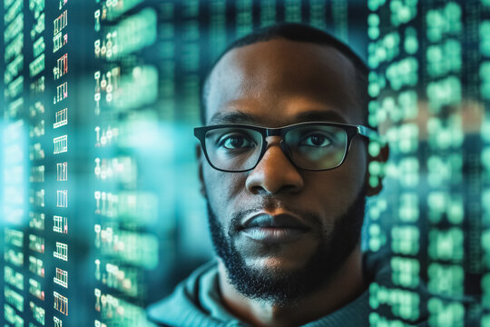 portrait of african american man over binary code numbers, technology, cyberspace and programming concept. Generative Ai