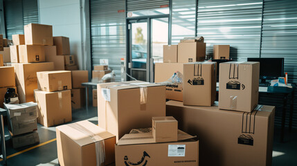 A large stack of cardboard boxes lies inside the office. ai generative - obrazy, fototapety, plakaty