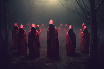 Group of mystery people in a red hooded cloaks in the forest. Generative Ai - obrazy, fototapety, plakaty