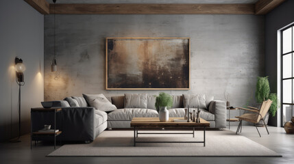 Modern living room with grey sofa and wooden coffee table