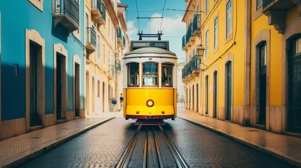 Fotobehang Yellow tram moving past yellow building in Lisbon, Portugal. ai generative © Oleksandr