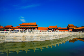 View of the Forbidden City on a sunny day in Beijing, China. 
