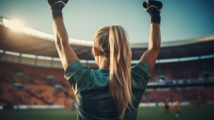 Rear view of a female soccer goalie as she raises her fist in the air before a game. ai generative