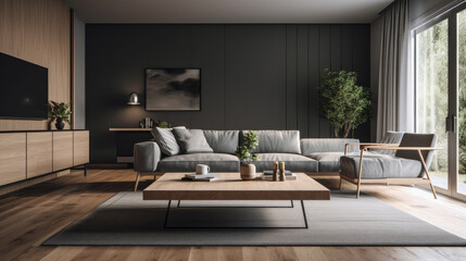 Obraz na płótnie Canvas Modern living room with grey sofa and wooden coffee table