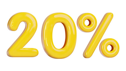 20 percent off discount. Cartoon style with yellow color. 3d stock vector illustration on isolated background.