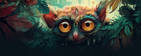 Tarsier against a vibrant and dynamic tropical background