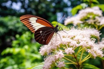 A Small Brown Cbutterfly Sucking Honey on White Flowers. Its Wings are Broken, with many Peeling Spots