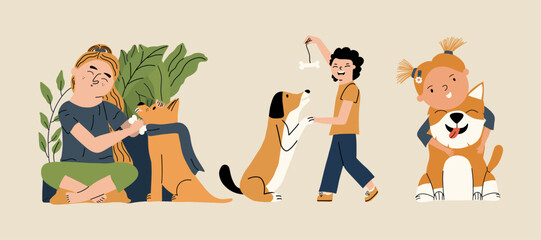 Children play with dogs. Boy and girl with pets. Hand draw illustration