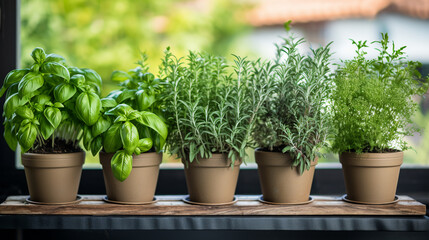 Fototapeta na wymiar Fresh green herbs, basil, rosemary and coriander in pots placed on a window. ai generative