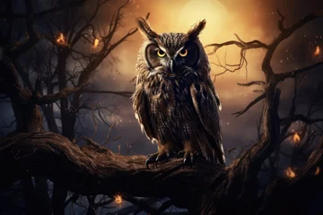 Foto op Plexiglas Night Owl. Haunting Halloween: Owl Illuminated by Full Moon in Moonlit Darkness. Midnight Magic and Seasonal Skittishness. © Alona