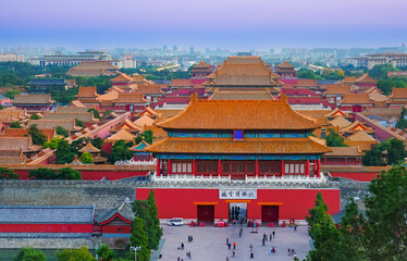 View of the Forbidden City at sunset in Beijing, China. - 657835642