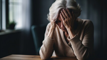 Elderly woman suffering from mental disability at home. ai generative