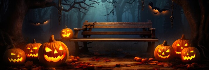 Haunted Halloween Night: Spooky Forest Sunset with Glowing Jack O'Lanterns and a Scarey Wooden Bench
