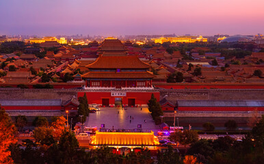 View of the Forbidden City at sunset in Beijing, China. - 657835683