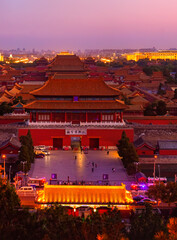 View of the Forbidden City at sunset in Beijing, China. - 657835698
