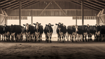 Cows in a row grazing in a barn. ai generative