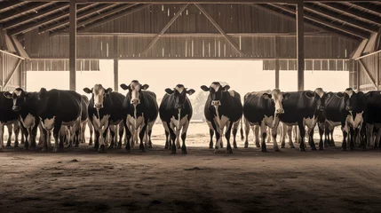 Fotobehang Cows in a row grazing in a barn. ai generative © Oleksandr