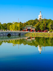 View of the white tower in Beihai Park in Beijing, China. - 657836029