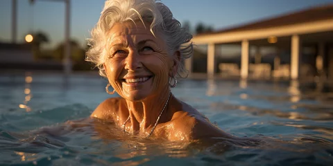 Fotobehang Hübsche reife Frau Gesicht schwimmt im Wasser lachend im Querformat, ai generativ  © www.freund-foto.de