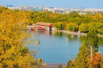 View of the Beihai lake in Beihai Park in Beijing, China in autumn.
 on a sunny day.
