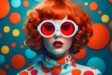 Woman in Sunglasses Amidst a Surrealistic 60s-70s Disco Club Culture, with a Circle Pop Art Background