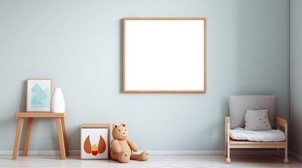  a teddy bear sitting in a room with a picture frame on the wall.  generative ai