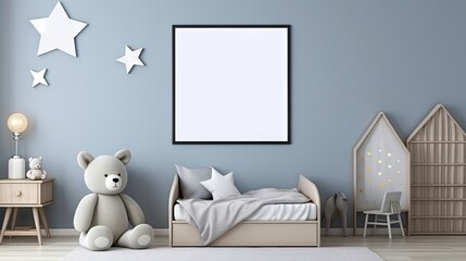  a bedroom with a teddy bear and a poster on the wall.  generative ai