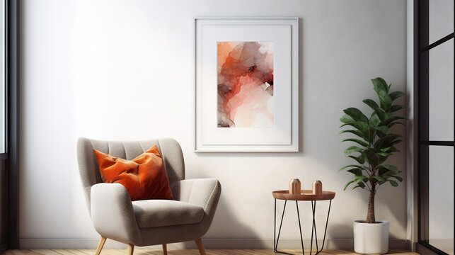  a living room with a chair and a painting on the wall.  generative ai