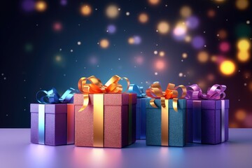 Fototapeta premium Many colorful gift boxes with ribbon bow on blurred bokeh background. Present for birthday, christmas, valentines day