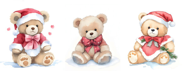 Christmas bears. Three cute New Year's Watercolor plush bears in Christmas decorations. Isolated on white background. Cartoon. Clip Art. Cards, print, textiles, books, invitations, scrapbooking, gift