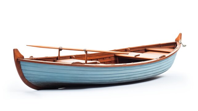  a small blue boat with a wooden oar on a white background.  generative ai