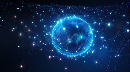 Obraz premium a blue circular object surrounded by blue and white dots on a dark background. generative ai