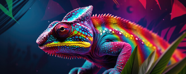 Chameleon in a dynamic pose against a colorful tropical background