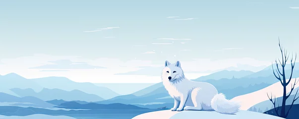 Poster de jardin Bleu clair Arctic fox in a minimalistic snowy landscape