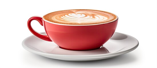 Hot latte coffee with latte art in red cup and saucer isolated on white with clipping path