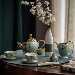 Fototapeta na wymiar Beautiful korean celadon ceramic glaze tea set pictures AI Generated Art