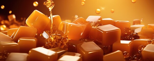 Tasty delicious caramel candies in a pile. Generative AI.