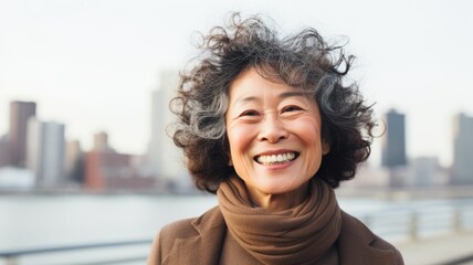 Smiling Old Chinese Woman with Brown Curly Hair Photo. Portrait of Casual Person in City Street. Photorealistic Ai Generated Horizontal Illustration.. - obrazy, fototapety, plakaty