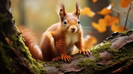 Naklejka na ściany i meble a red squirrel sitting on a tree branch in a forest. generative ai