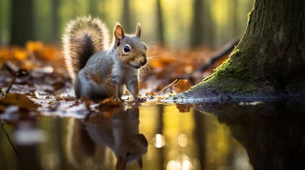 Fotobehang  a squirrel standing next to a tree in a forest filled with leaves.  generative ai © Anna