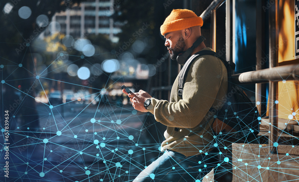Poster smartphone, innovation and man in city, digital transformation with typing and communication outdoor