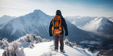 Naklejka na ściany i meble A back view of a climber hiking in snow covered mountains, extreme winter sport