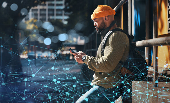 Smartphone, innovation and man in city, digital transformation with typing and communication outdoor. Software, cyber and social media with global network, tech evolution and future with bokeh