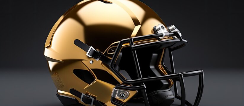 Golden football helmet ed in isolated on dark background