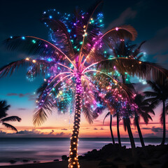 Palm tree in Hawaii with colorful Christmas lights on it. Generative ai. 
