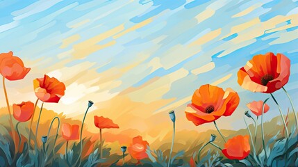 Fototapeta premium a painting of a field of poppies with the sun in the background. generative ai