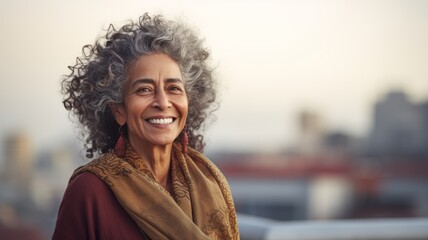 Smiling Old Indian Woman with Brown Curly Hair Photo. Portrait of Casual Person in City Street. Photorealistic Ai Generated Horizontal Illustration.. - obrazy, fototapety, plakaty