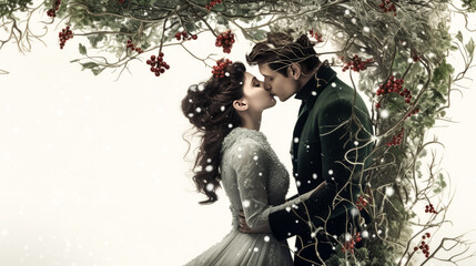A couple shares a romantic kiss underneath a sprig of mistletoe in a mesmerizing digital artwork.