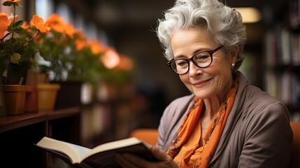 Retired woman in the library is reading a book intently in a quiet corner.
