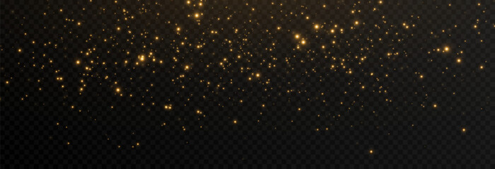 Golden magic dust png. Light effect. Magic glow. Spraying glowing particles png. Christmas glowing background.
